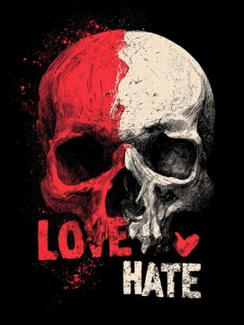 Grunge split skull with red and white paint halves and bold love hate typography on black background in edgy conceptual graphic style