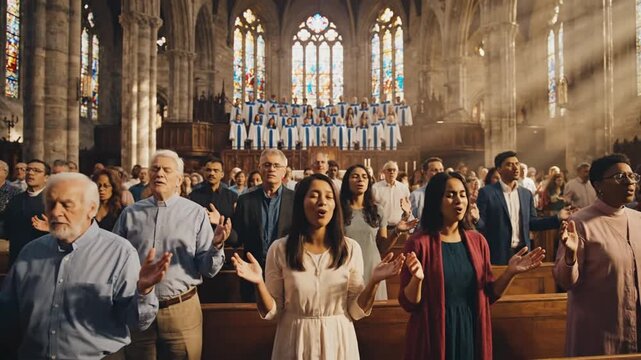 Diverse congregation raising hands in joyous praise during an uplifting spiritual worship service in a grand church interior with sunlit stained glass.