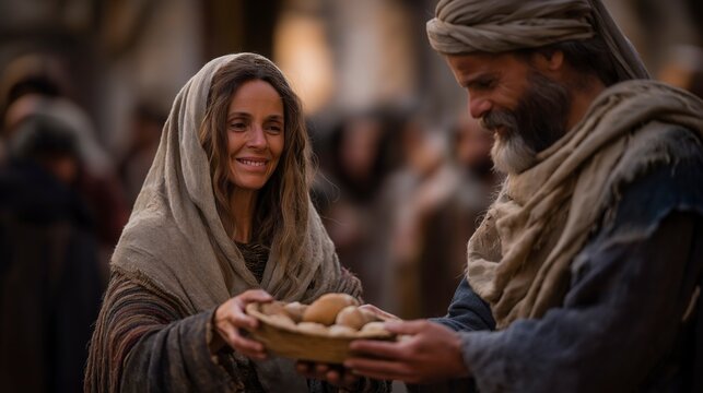 A compassionate scene of early believers helping the poor in a busy Roman street, sharing bread and food with humility and kindness.
