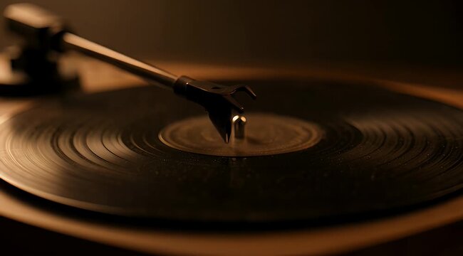 Vintage vinyl record player with needle on a black record in warm light