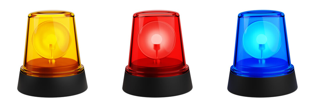 Yellow red and blue flasher. Light siren. Rotating beacon, warning light 3d illustration isolated on transparent background. Rotary Flashing Emergency signal lamp. Caution concept.png