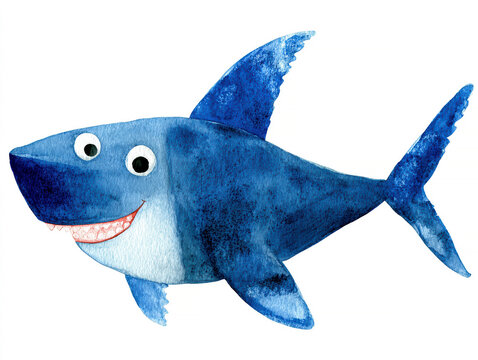 Centered, watercolor illustration of an anthropomorphic shark Blue and white colors, stripes, large eyes, open mouth, flat style, vibrant, stark background Likely intended for childre - AI-Generated