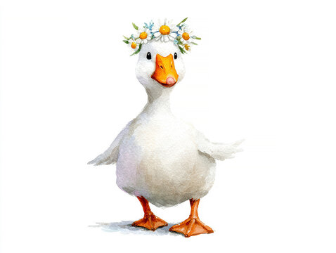 White goose in watercolor illustration, wearing a daisy flower crown, facing front, cartoon style, isolated on clean white background Duck stands out against light gray background, sli - AI-Generated