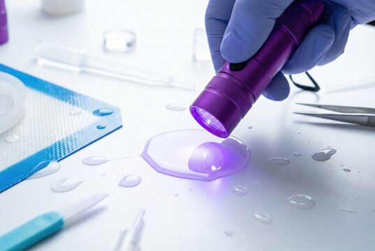 Gloved hand shining a purple ultraviolet flashlight onto a puddle of clear liquid UV resin