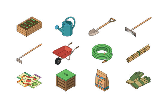 Collection of isometric gardening tools and supplies for planting and cultivation