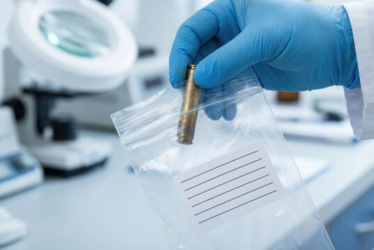 Forensic investigator holding a clear plastic evidence bag containing a brass bullet casing