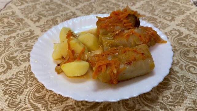 Cabbage rolls meat potatoes on plate, rustic homestyle serving on white plate over patterned tablecloth, warm tomato sauce glazing.