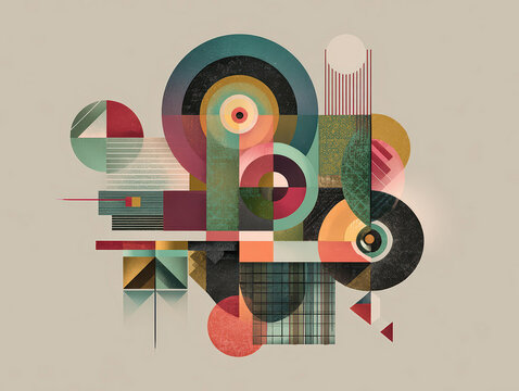 Geometric abstract cover art for Speaking in Idioms Book One Vibrant, rich color palette red, yellow, green, blue, black featuring overlapping shapes and lines creating depth A fus - AI-Generated