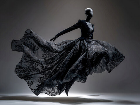 Black velvet contemporary haute couture gown, intricately embroidered and layered with sheer veils, suspended in mid-air, photographed against a dark gray background The design is insp - AI-Generated
