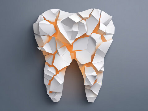 Modern, minimalist 2D icon design featuring a shattered tooth sculpture The composition consists of polygons and trapezoids made from paper or metal, with textured surfaces creating de - AI-Generated