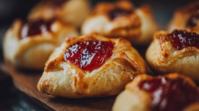 Freshly baked puff pastry danish with strawberry jam filling on a wooden board