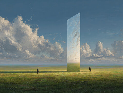 A grassy plain with a slanted mirrored monolith, showing multiple layers of a serene landscape and sky Two figures stand apart, observing from different angles Soft color palette, rea - AI-Generated