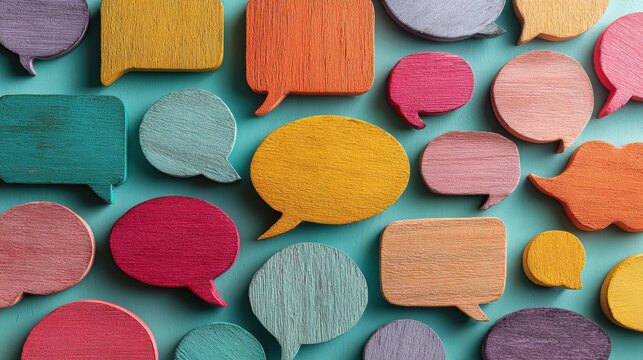Colorful wooden speech bubbles on teal background