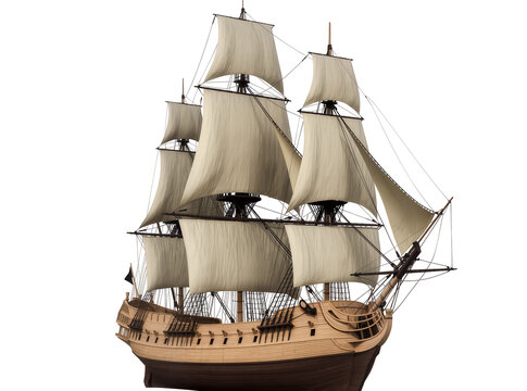 Isolated detailed wooden sailing ship model, a majestic historical tall ship with full sails