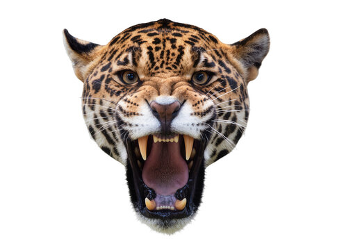 Isolated jaguar head portrait, aggressive animal roaring with open mouth and sharp fangs.