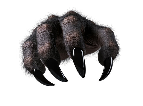 Isolated scary monster clawed hand with long sharp black nails and creepy hairy skin texture.