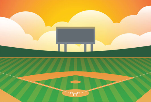 Vector baseball diamond baseball field at sunset sky with infield dirt and outfield grass stock illustration