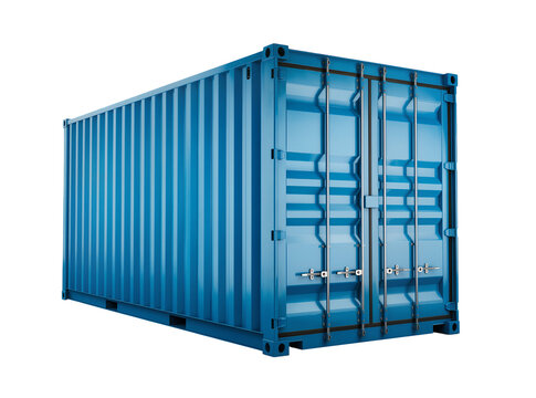 Isolated large blue metal shipping cargo container for global transport and logistics