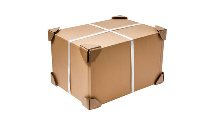 Fototapeta premium Cardboard box with protective corner protectors and white straps, isolated on transparent background