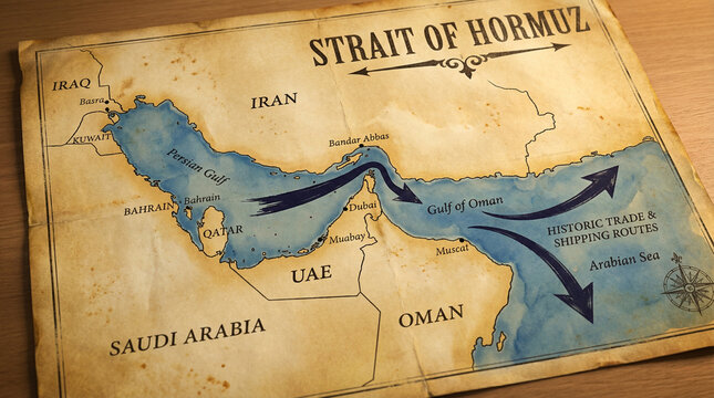 Vintage Parchment Style Map of Strait of Hormuz Showing OPEC Crude Oil LNG Tanker Shipping Routes Persian Gulf Global Energy Gateway Arabian Sea Strategic Corridor