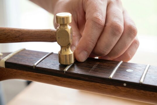 Luthier using a small brass hammer to carefully install a metal fret into a wooden guitar neck