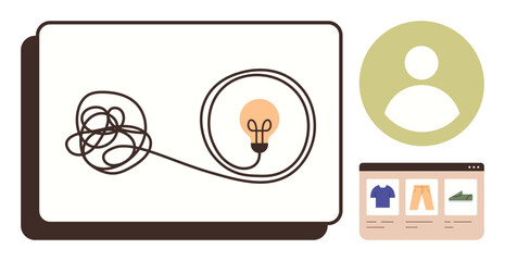 Problem-solving, creativity, e-commerce, innovation, personalization, online shopping. Light bulb with a tangled line, user profile and online store interface. Problem-solving and creativity © robu_s