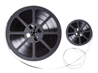 Fototapeta premium Isolated vintage movie film reels with unspooled celluloid strip for cinematic entertainment