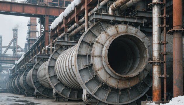 Detailed medium view of a rotary kiln line during cool shutdown showing inactive kilns and minimal smoke in a large smelter facility environment.