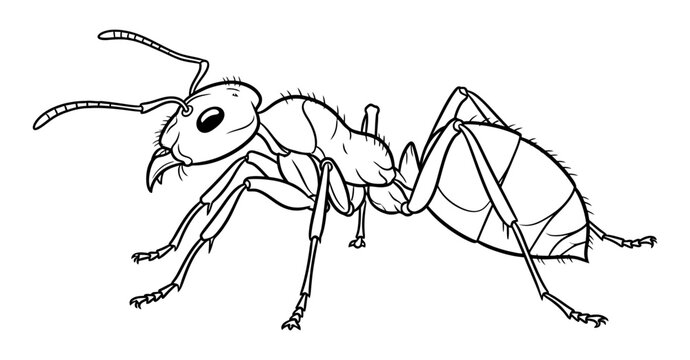 black and white line drawing of an ant isolated on white background