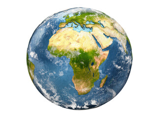 Isolated 3D render of planet Earth showing Europe and Africa, with blue oceans and continents © Saoirse