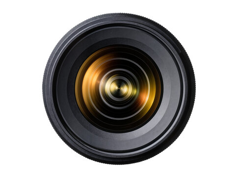 Isolated professional photographic camera lens with golden reflections and intricate optical elements