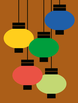 Five Colorful Lanterns on Brown Background
