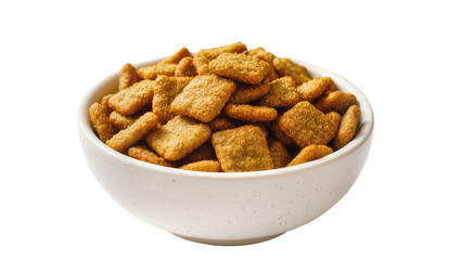 Fototapeta premium Golden square cereal pieces filling a white bowl, isolated on transparent background