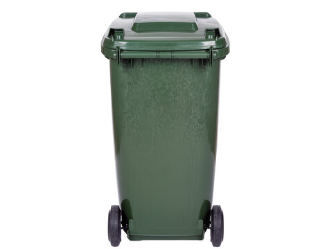 Isolated green plastic wheelie bin for waste collection and recycling, residential trash can.