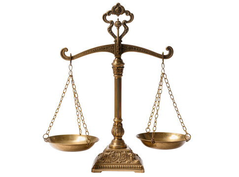 Isolated ornate antique brass balance scale with empty pans, symbolizing justice and fairness.