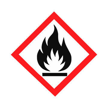 Black flame flammable hazard sign, chemical fire danger warning in red diamond