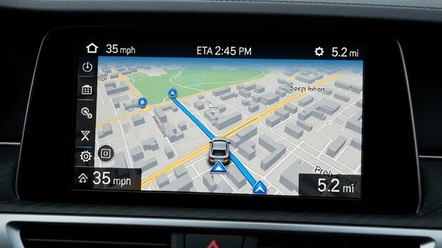 GPS navigation screen in a car showing map with route
