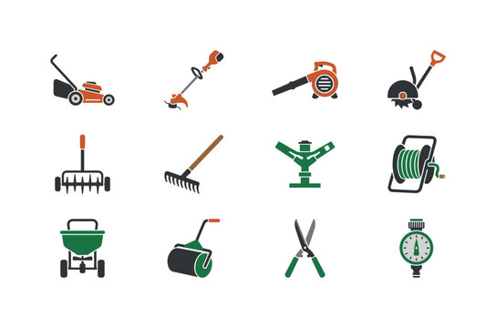 Collection of essential garden tools for lawn care and maintenance tasks