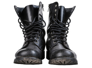 Isolated pair of worn black leather lace-up combat boots with rugged dirty soles and zippers © Saoirse