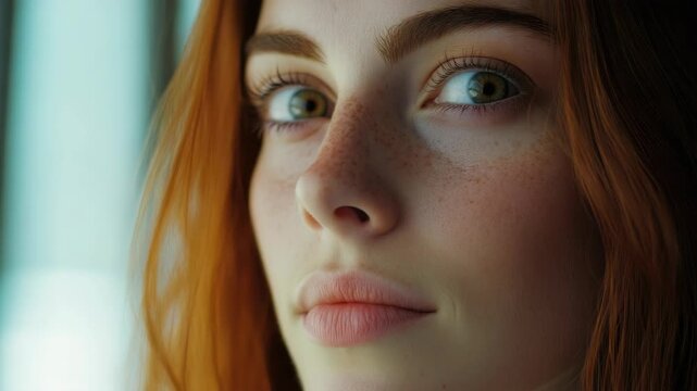 A young woman with freckles looking into the distance, possibly contemplating or observing something.