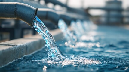 Clean water flowing from metal industrial pipes at water treatment facility © Momin Photo Gallery