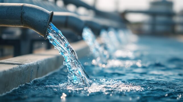 Clean water flowing from metal industrial pipes at water treatment facility