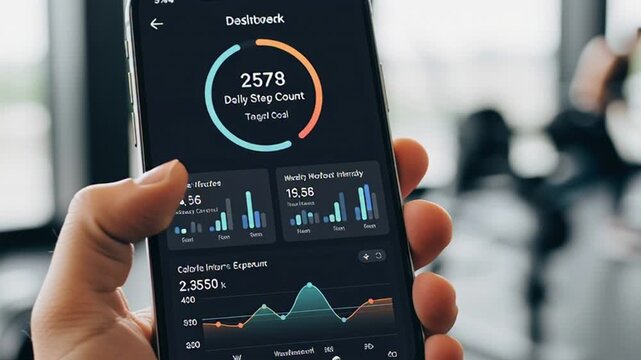 Hand holding smartphone displaying daily step count and activity tracking app in urban setting