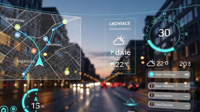 Futuristic city street with augmented reality navigation display