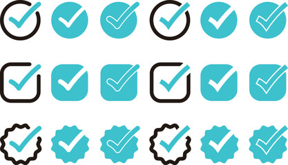 青色が入った色んな形のチェックボックスの素材セット