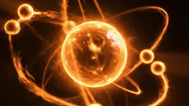 Glowing orange atom with electrons orbiting around the nucleus on a dark background