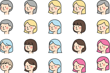 Fototapeta premium Cartoon head profile icon vector illustration with colorful hair, facial expressions, and character design