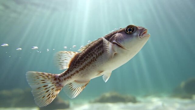 An exquisite image captures a solitary fish gracefully navigating the depths of an aquatic world, with sun rays piercing the crystal clear water, revealing the intricate details of marine life.