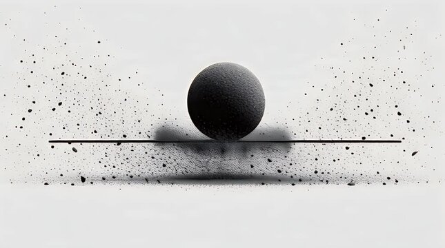 A dark, textured sphere sits above a black line with specks exploding outward. A minimal, monochromatic artistic composition