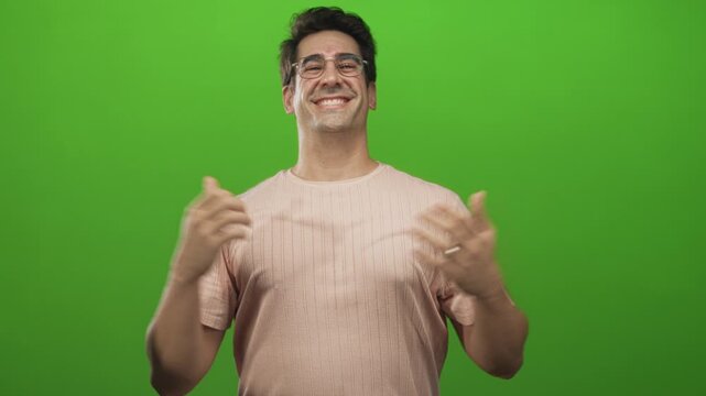 Man raising both hands with palms open and smiling, wearing glasses and a light pink t shirt against a studio green screen, expressive pose; joy.